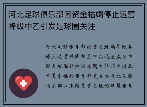 河北足球俱乐部因资金枯竭停止运营降级中乙引发足球圈关注 河北足球俱乐部因资金枯竭停止运营降级中乙引发足球圈关注